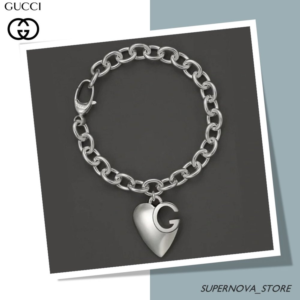 Gucci Sterling Silver Heart Cut-Out G Charm Logo Chain Bracelet 8” New Box $555